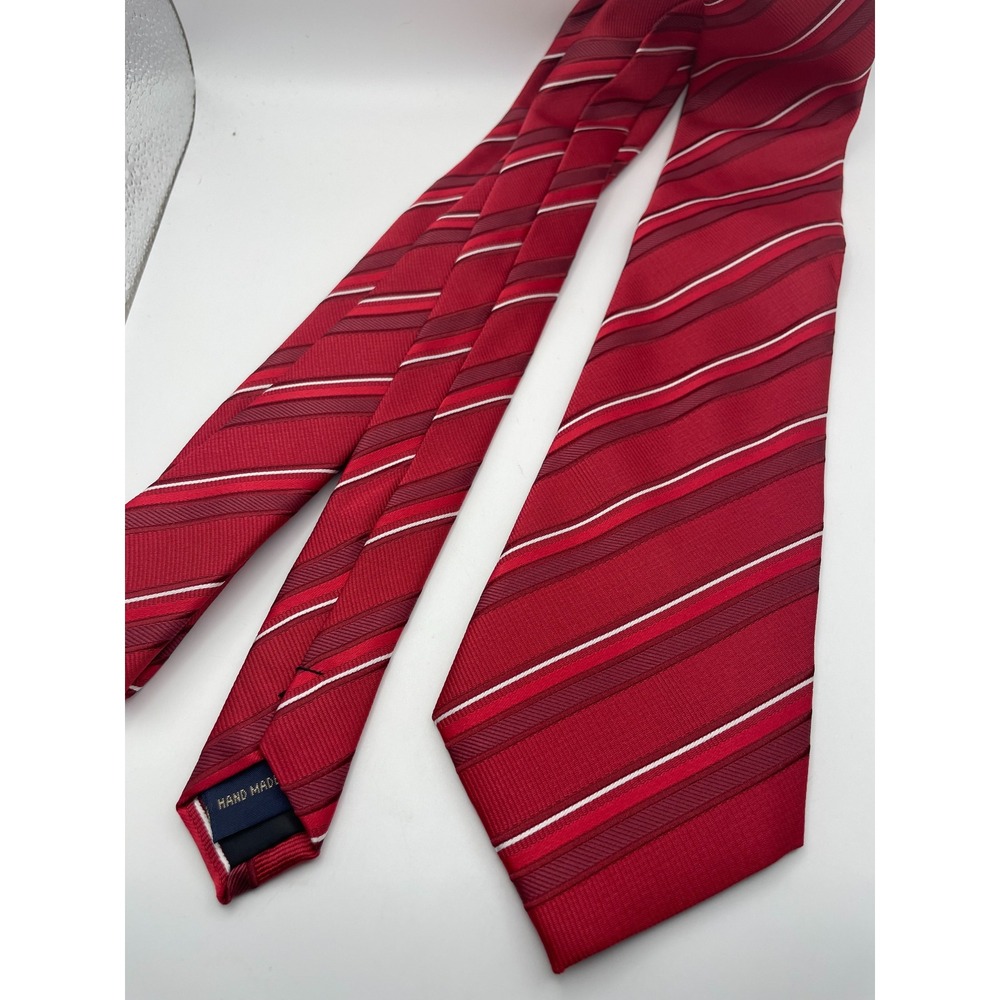Hisdern Red Striped Necktie Hand Made Silk Blend Formal Business Tie Classic